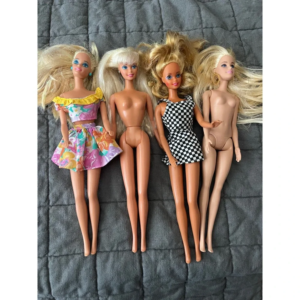 Vintage Barbie Doll Lot of 4 90s Mattel Blonde Dolls Floral Checkered Dress OOAK